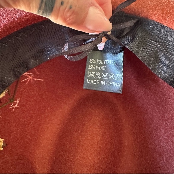 Hand-Embroidered Wool-Blend Adjustable Floral Burnt Orange Fedora Wide Brim Hat - Picture 9 of 11